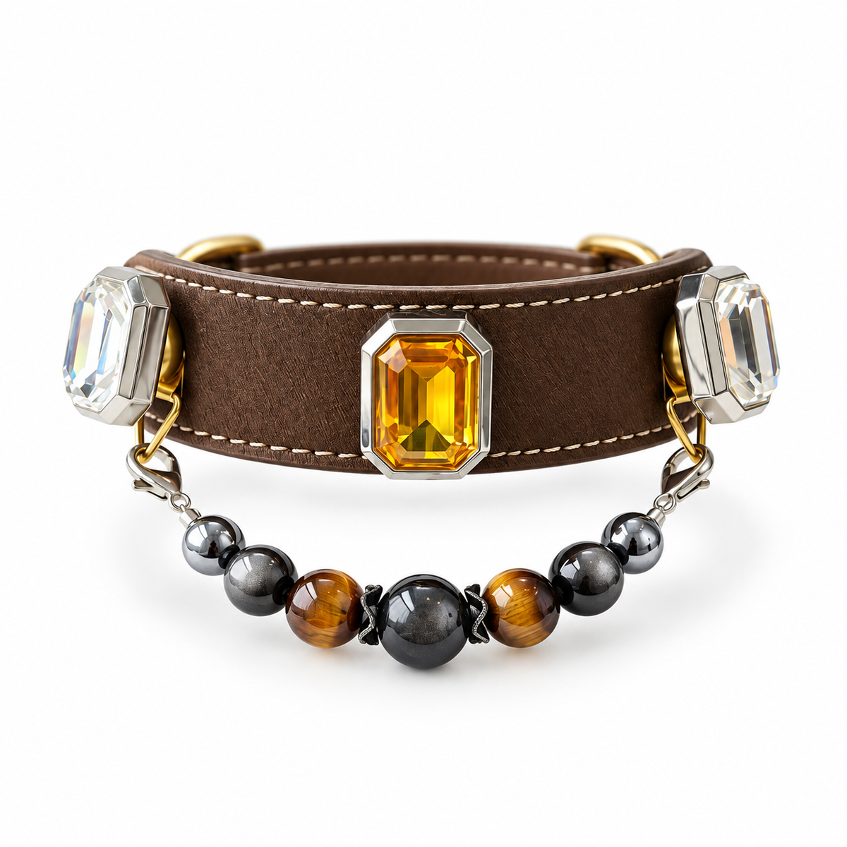 Lydiann Tiger Eye & Silver Obsidian Crystal Pet Collar | Magnetic Interchangeable Charms