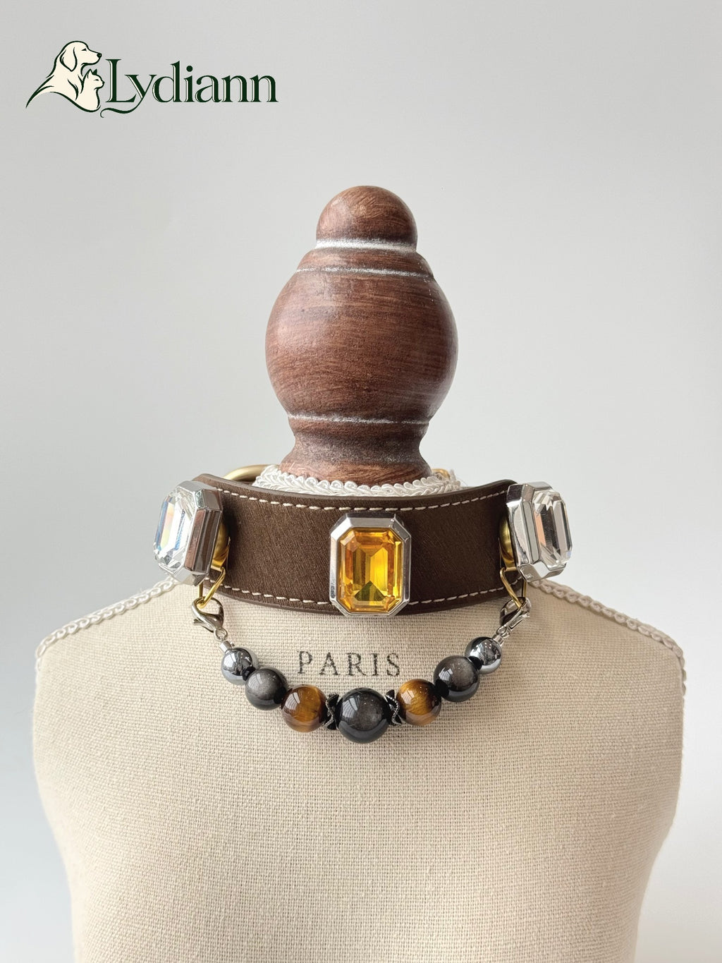 Lydiann Tiger Eye & Silver Obsidian Crystal Pet Collar | Magnetic Interchangeable Charms
