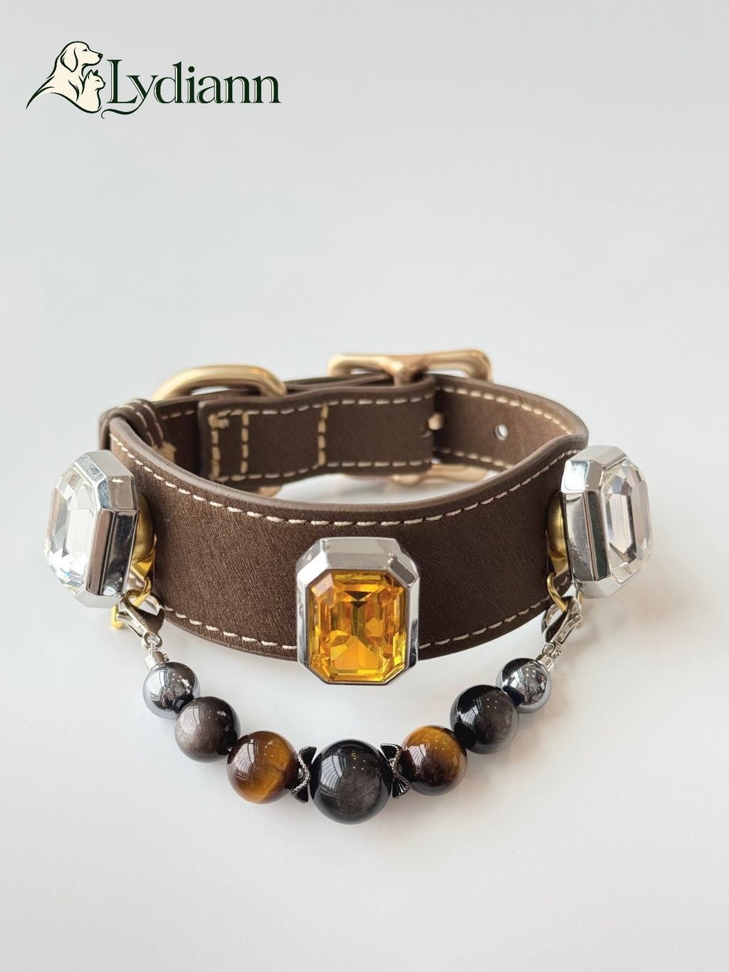 Lydiann Tiger Eye & Silver Obsidian Crystal Pet Collar | Magnetic Interchangeable Charms