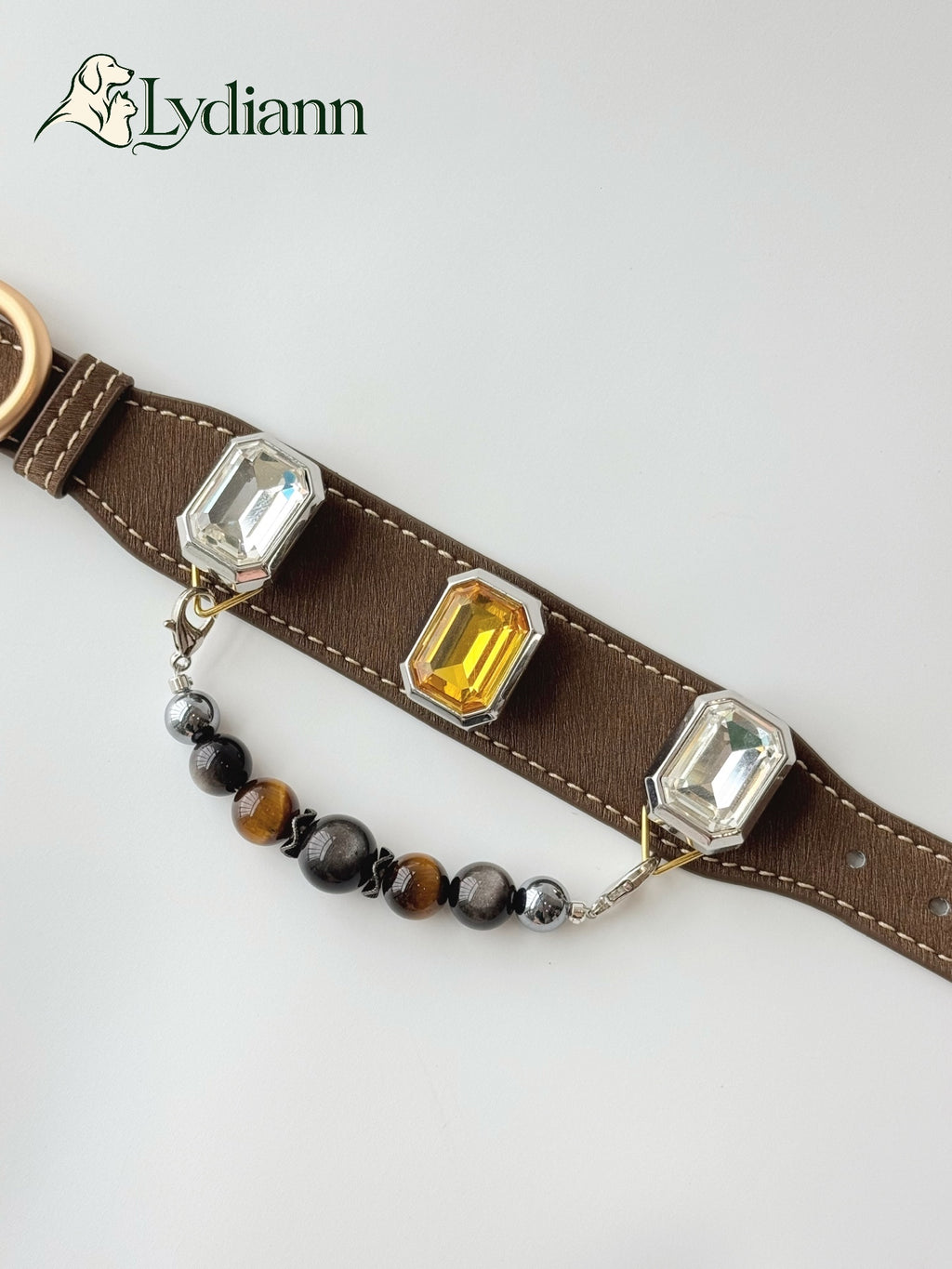 Lydiann Tiger Eye & Silver Obsidian Crystal Pet Collar | Magnetic Interchangeable Charms