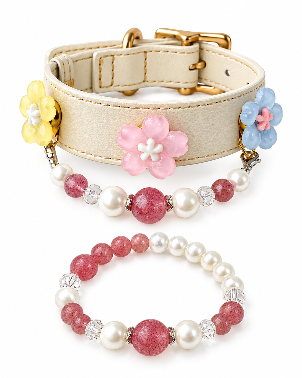Strawberry Quartz Pet Collar & Bracelet Set